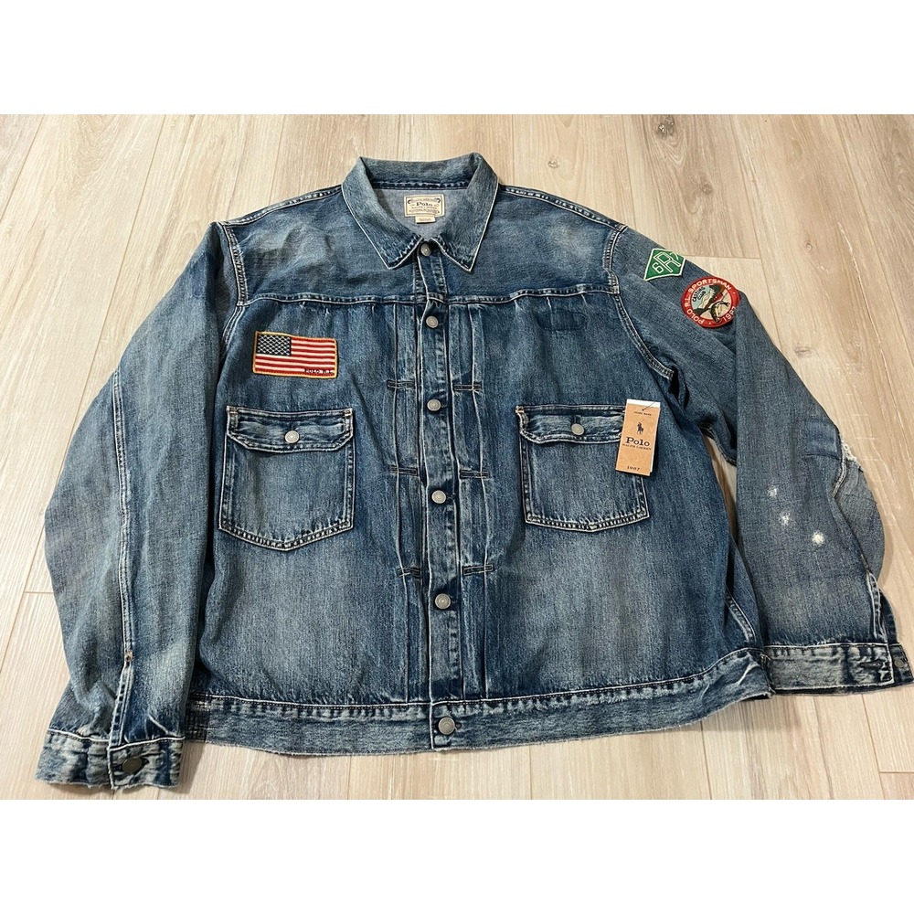 Polo Ralph Lauren 3XLT Men's Blue Sportsman Graphic Patched Denim Jacket